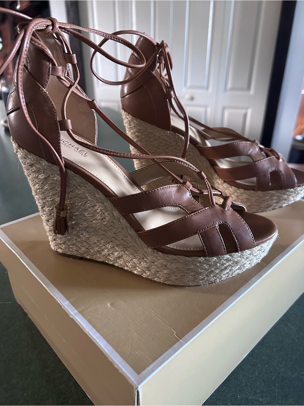Michael Kors Tan Leather Espadrille Wedge Sandals with Ankle Ties